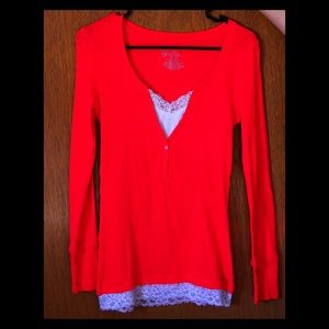 Sexy red long sleeve v-neck with white lace
